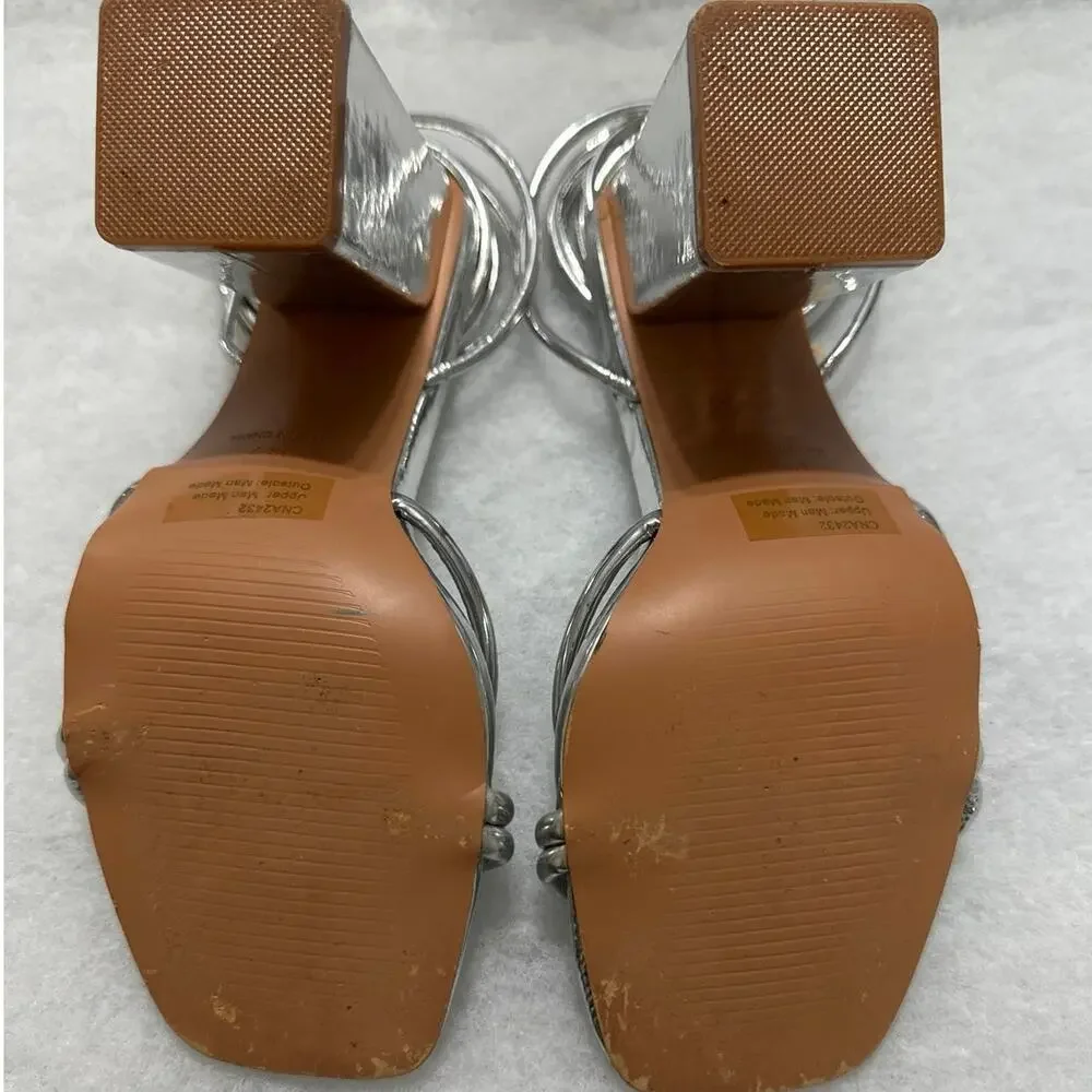 Pretty Little Thing Wide Fit Metallic Silver Strappy Lace-Up Block Heels. Size 7